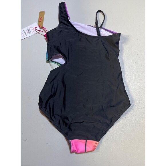 Justice Girls Sz L 12/14 1 Shoulder Cut Out Swimsuit UPF 50+ Rainbow Palm Print - Picture 2 of 9
